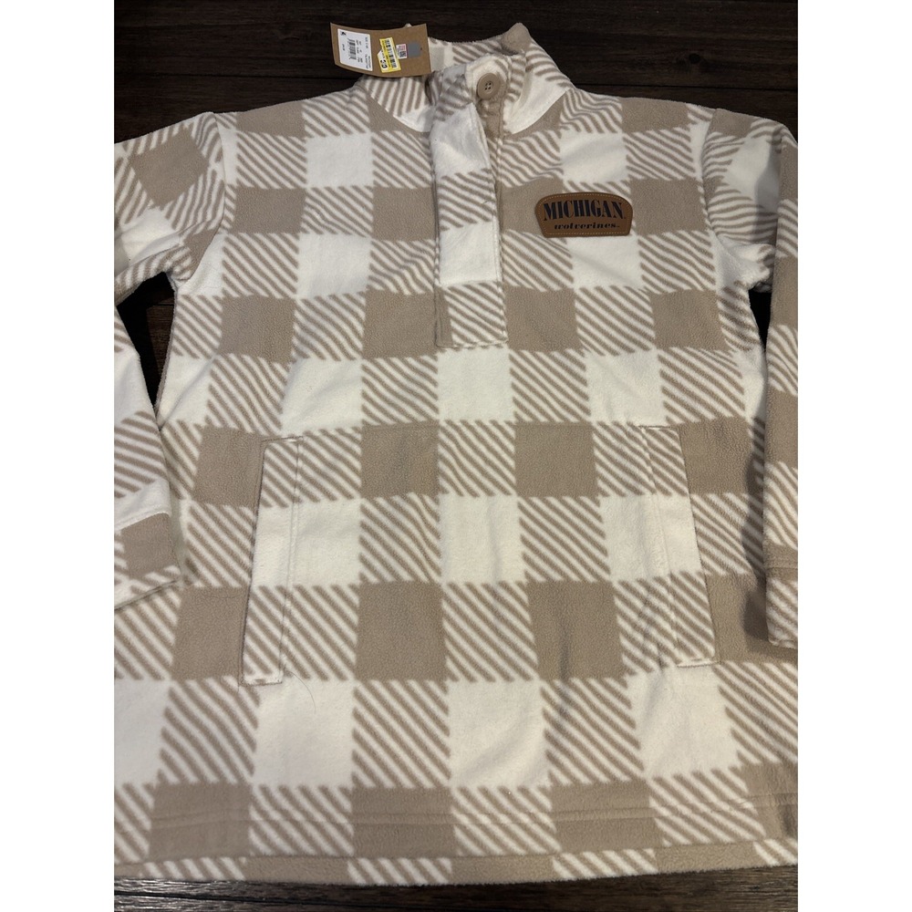 Michigan Wolverines Fleece Pullover Tan Plaid Womens‎ Small NEW
